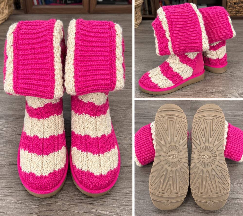 UGG Pink & Cream Cable Knit Sweater Boots – Women’s Size 6